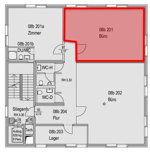 Grundrissplan eines Stockwerks mit Büros, Zimmern, Lager und Sanitärbereichen, wobei ein Bürobereich rot hervorgehoben ist.