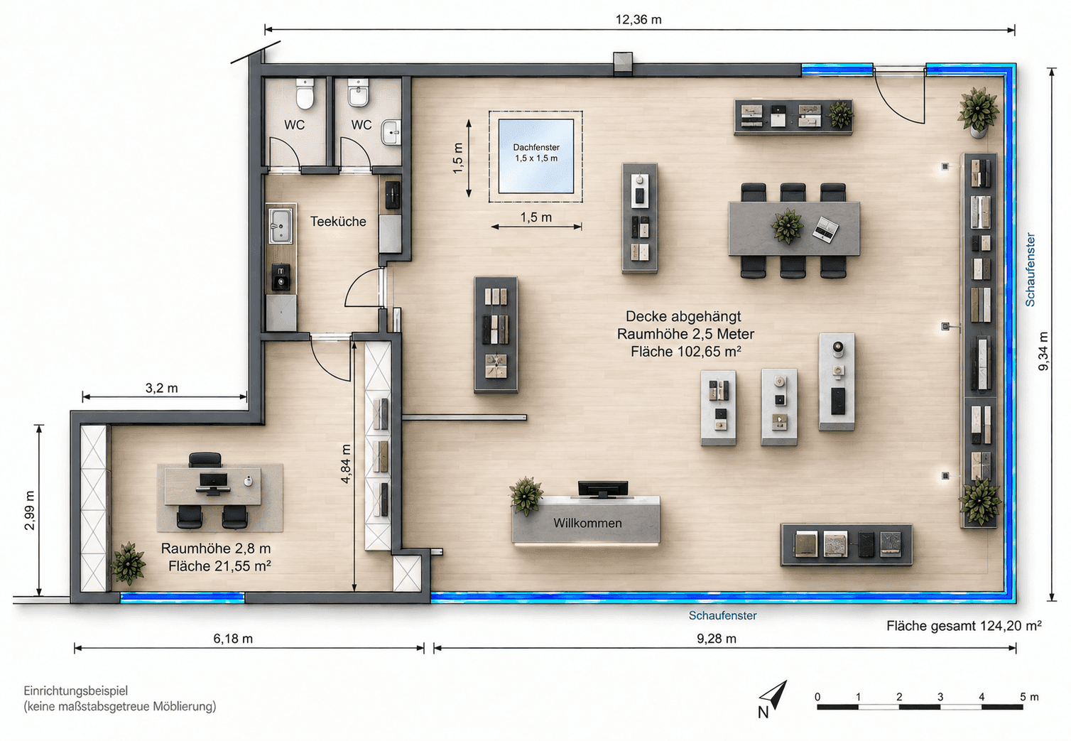 Grundriss eines Gewerbeobjekts mit offenem Layout, Teeküche und zwei Toiletten.