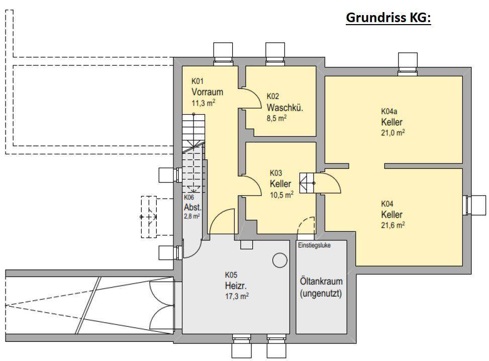 Grundriss des Kellergeschosses mit Kellerräumen, Waschküche und Heizraum.