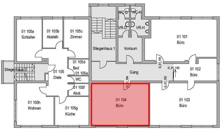 Detaillierter Grundriss einer Etage mit mehreren Büros, Bädern und separaten Zimmern.