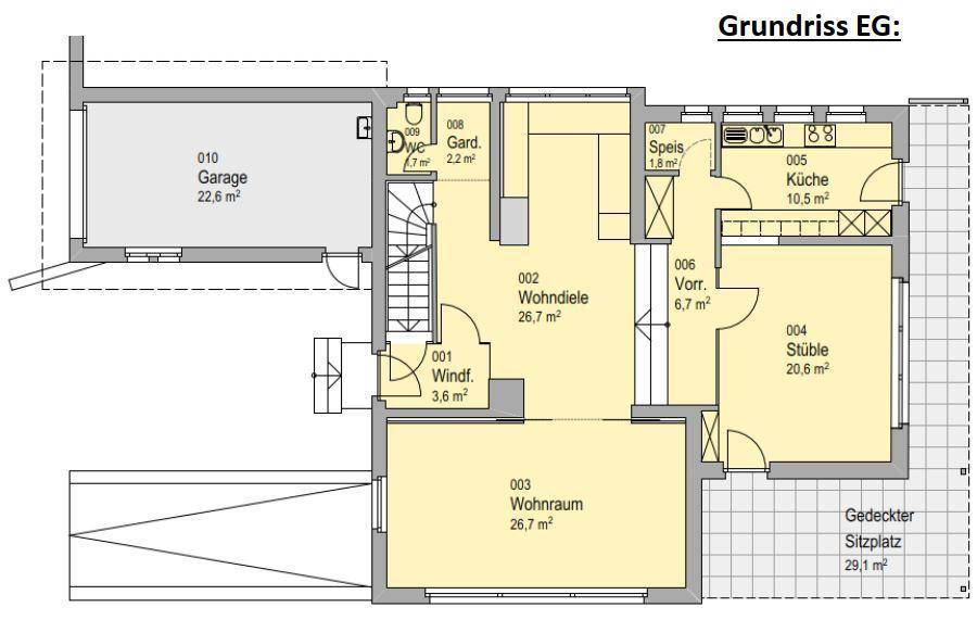 Grundriss des Erdgeschosses mit Garage, Wohnraum, Küche und weiteren Zimmern.