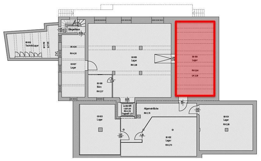 Grundrissplan eines Untergeschosses mit mehreren Lagerräumen, einem Büro und Technikbereich.