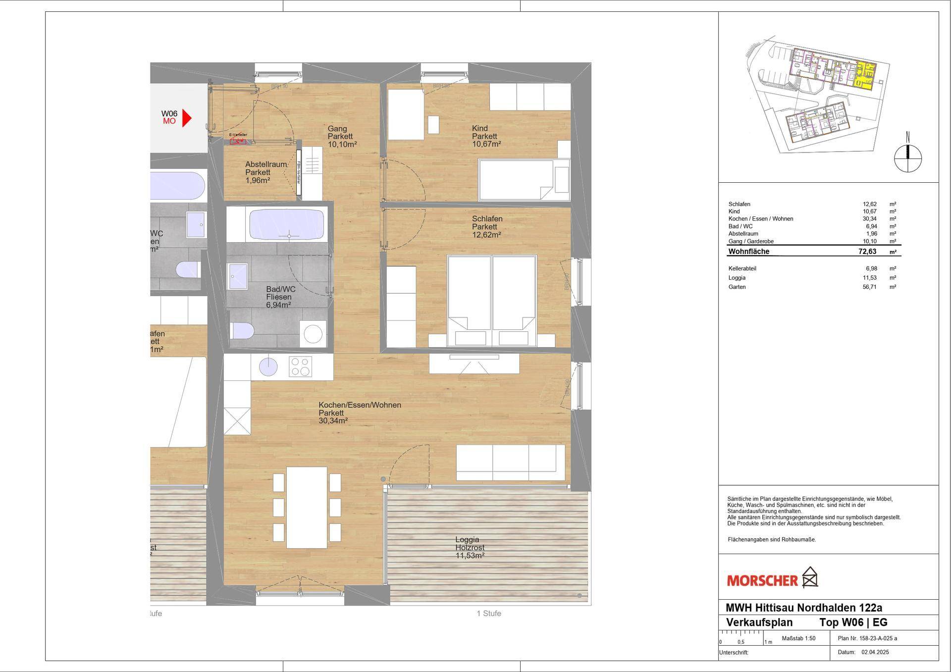 Grundriss einer Wohneinheit mit offenem Wohnbereich, Loggia, zwei Bädern und mehreren Schlafzimmern.
