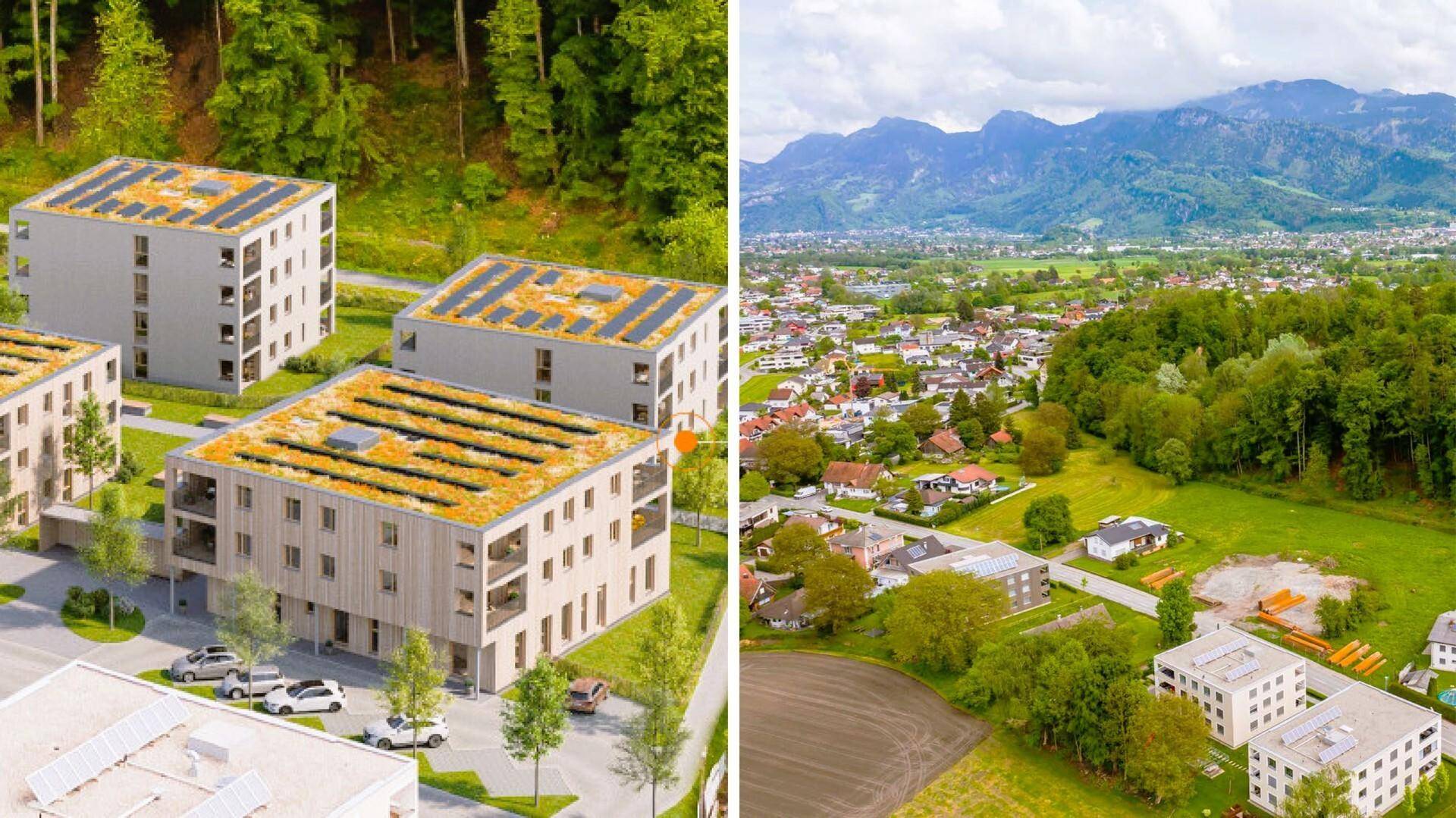 Luftaufnahme einer modernen Wohnanlage mit viel Grün und Bergblick in ländlicher Umgebung.