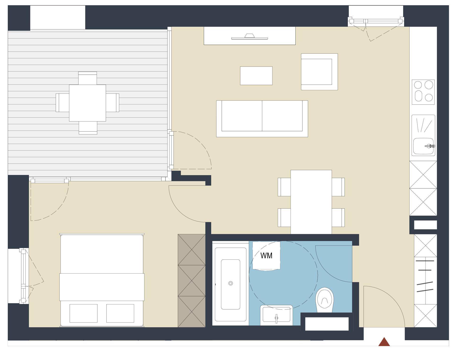 Grundriss einer Wohnung mit offenem Wohnbereich, Schlafzimmer, Bad und Balkon.