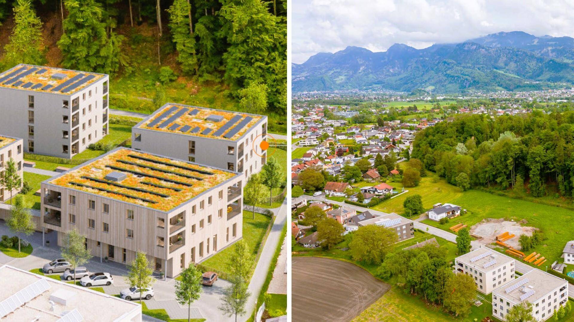 Luftaufnahme einer modernen Wohnanlage mit Solaranlagen und Blick auf die umliegende Landschaft und Berge.