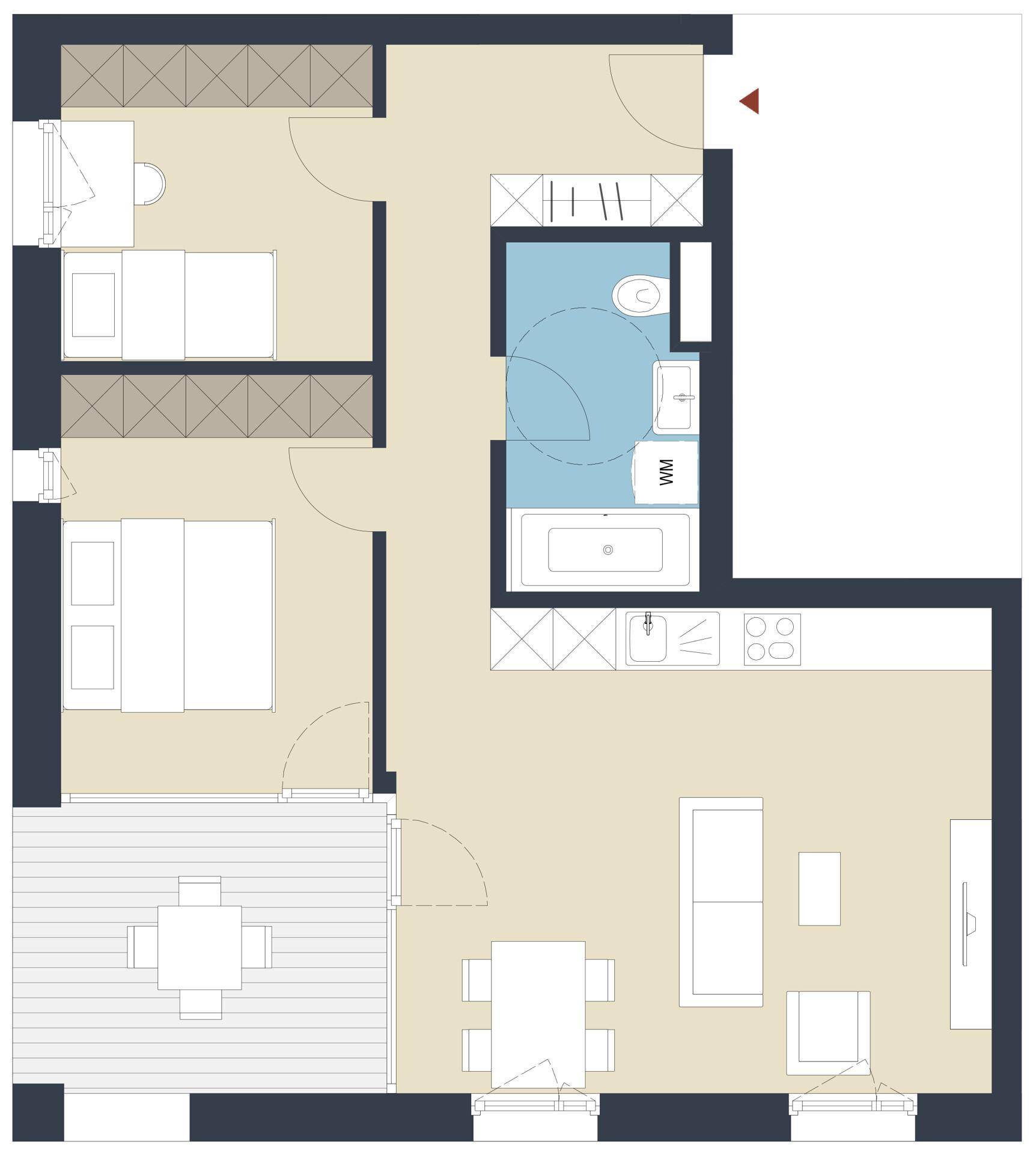 Grundriss einer Wohnung mit zwei Schlafzimmern, Bad, offener Küche und Terrasse.