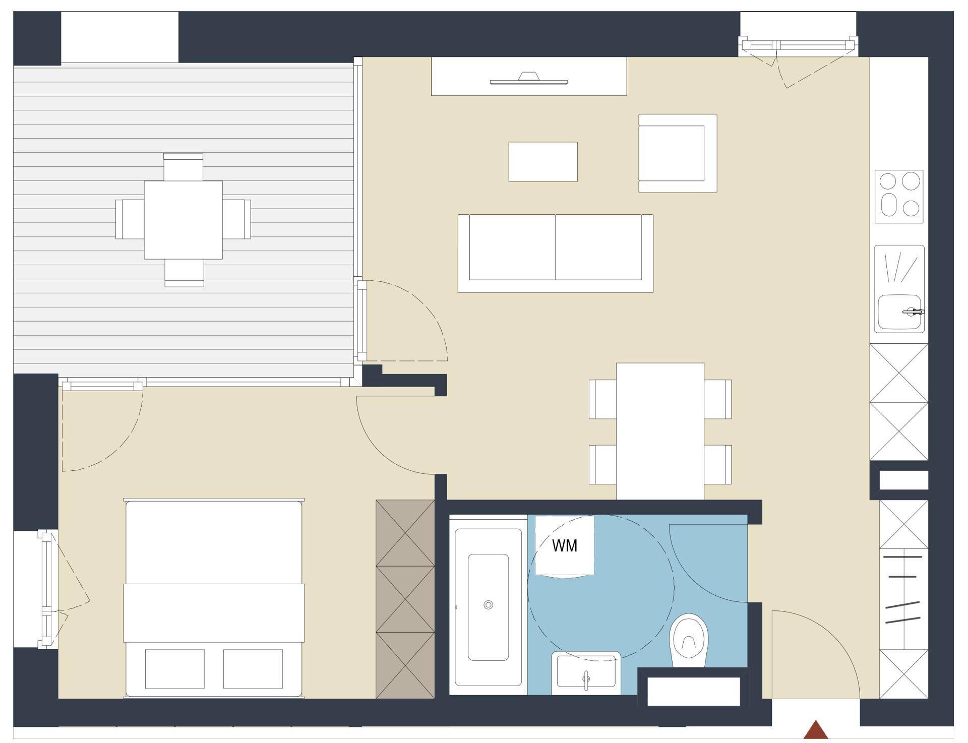 Grundriss einer Wohnung mit Schlafzimmer, Bad, offenem Wohnbereich und Balkon.