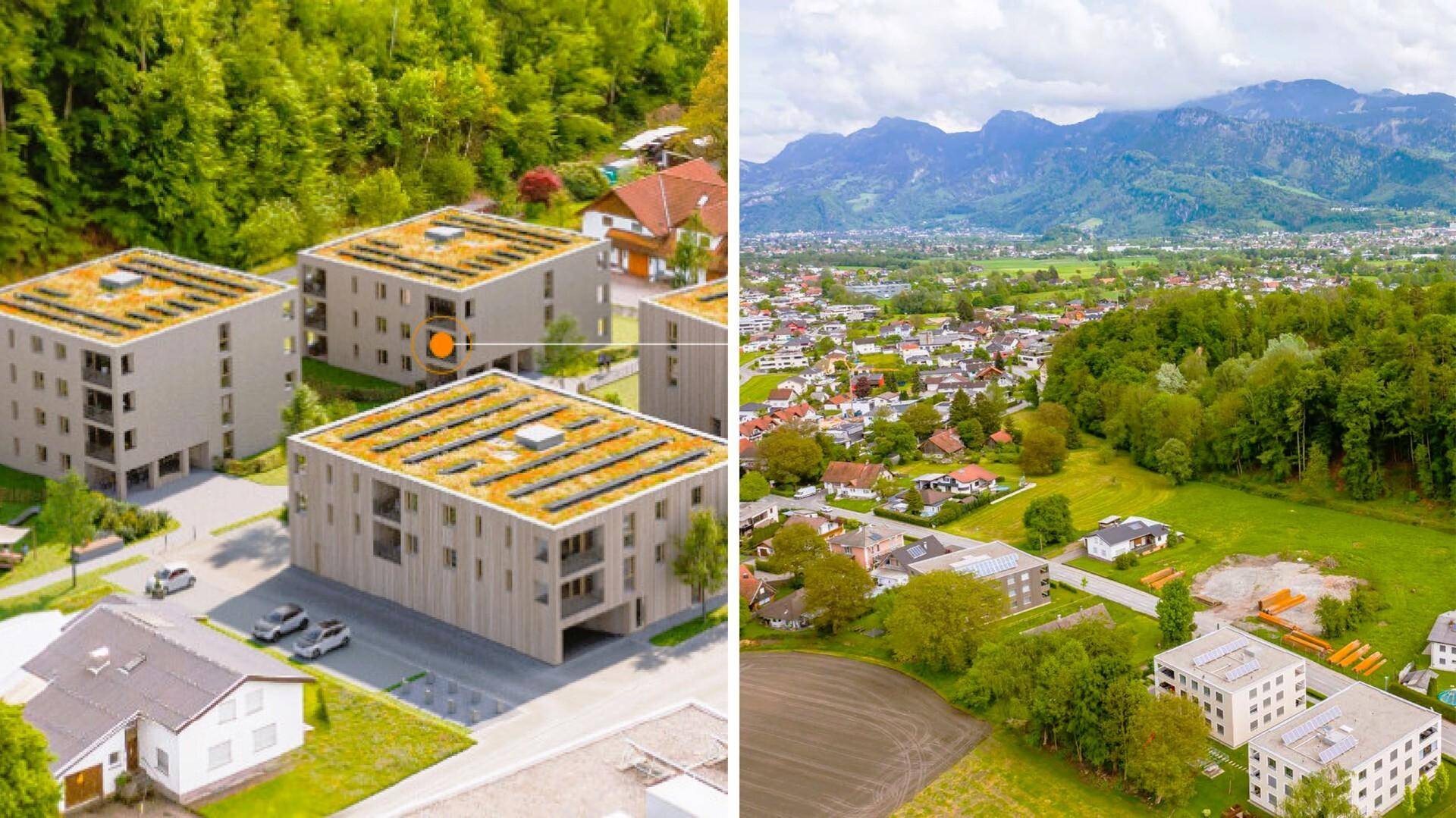 Luftaufnahme einer modernen Wohnanlage mit Photovoltaikanlagen und umliegender Natur.