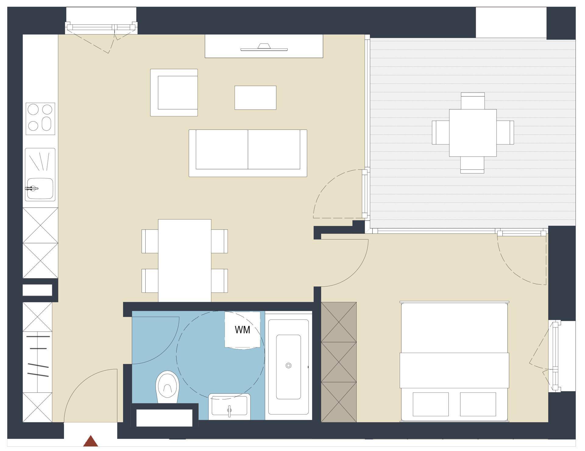 Grundriss einer Wohnung mit offenem Wohnbereich, Schlafzimmer, Bad und Balkon.
