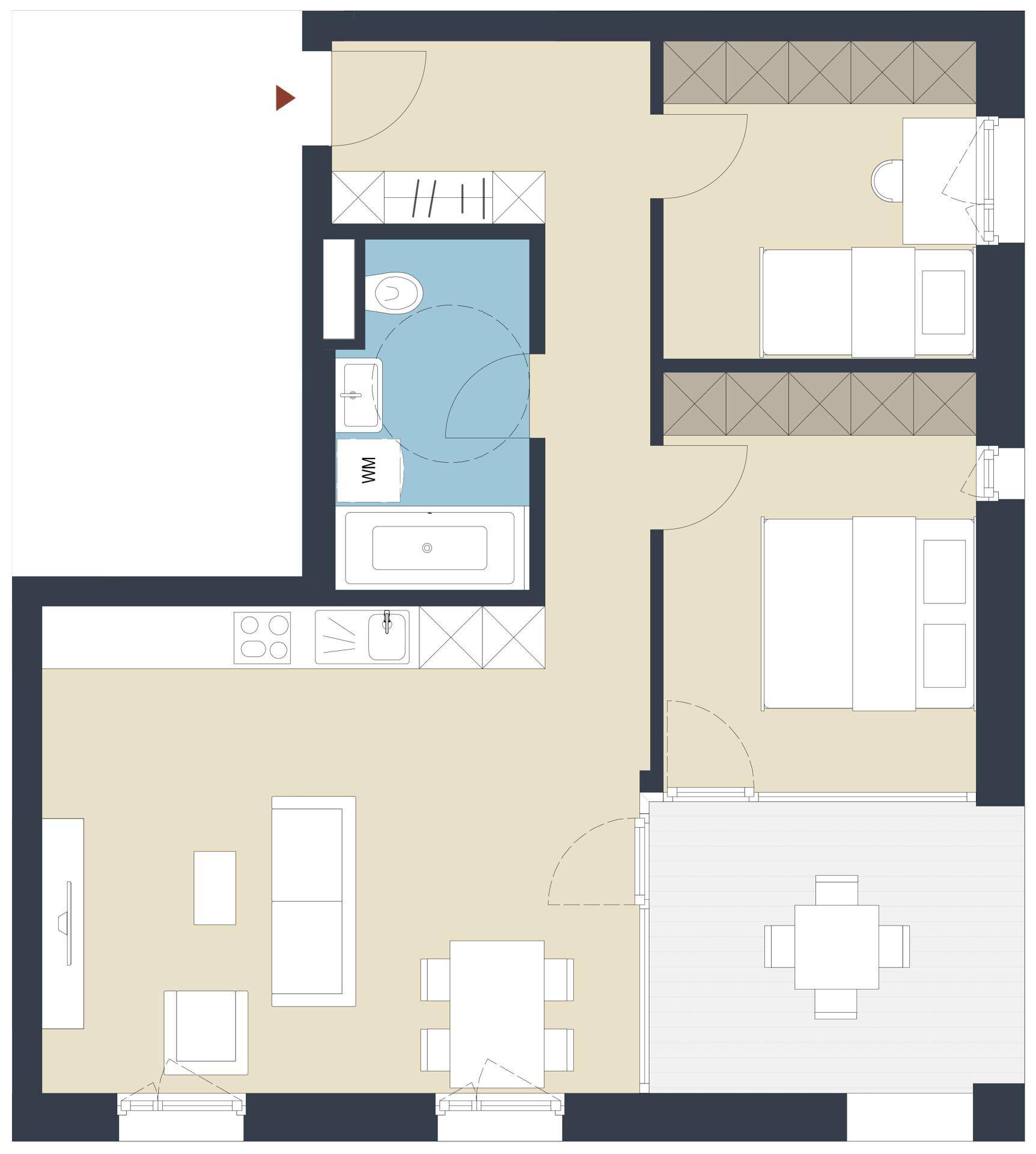 Grundriss einer Wohnung mit offenem Wohnbereich, zwei Schlafzimmern und einem Badezimmer mit Badewanne.
