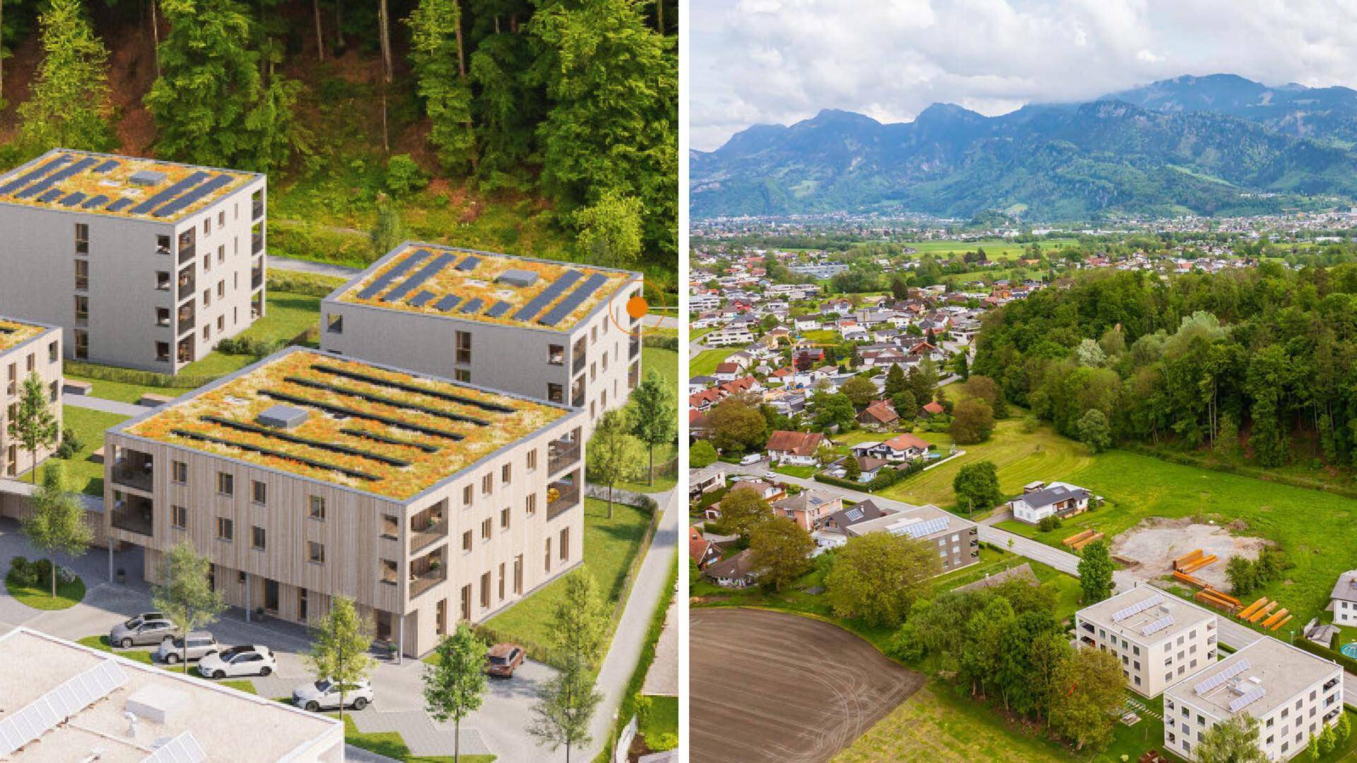 Luftaufnahme einer modernen Wohnanlage mit Gründächern und Solaranlagen, umgeben von Natur und Bergen.