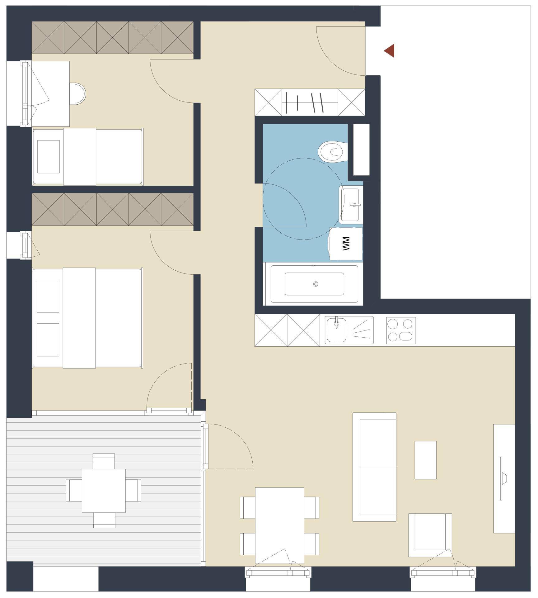 Grundriss einer Wohnung mit zwei Schlafzimmern, offenem Wohnbereich und einem Balkon.