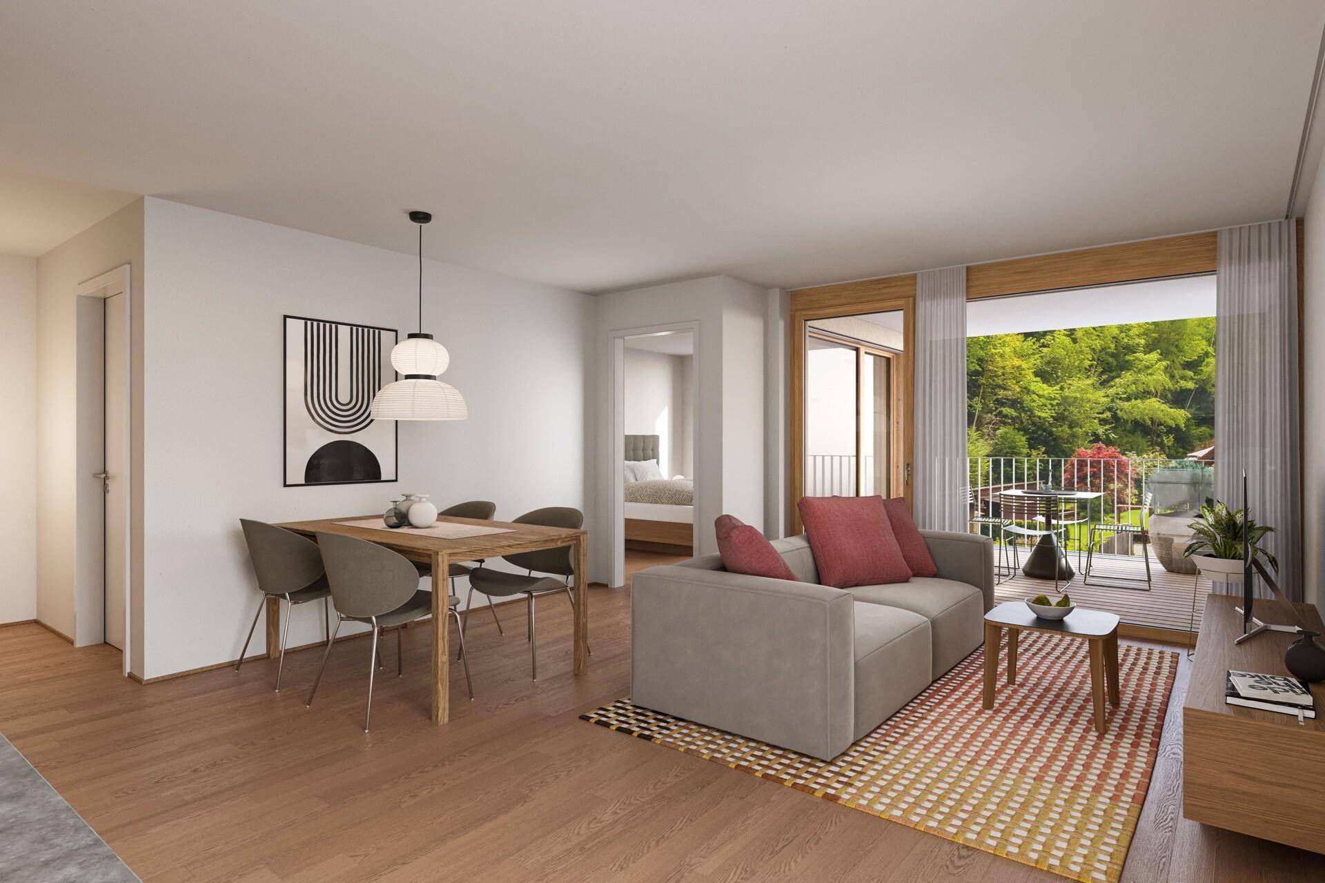 Heller offener Wohn- und Essbereich mit Holzboden, modernem Dekor und Zugang zum Balkon.