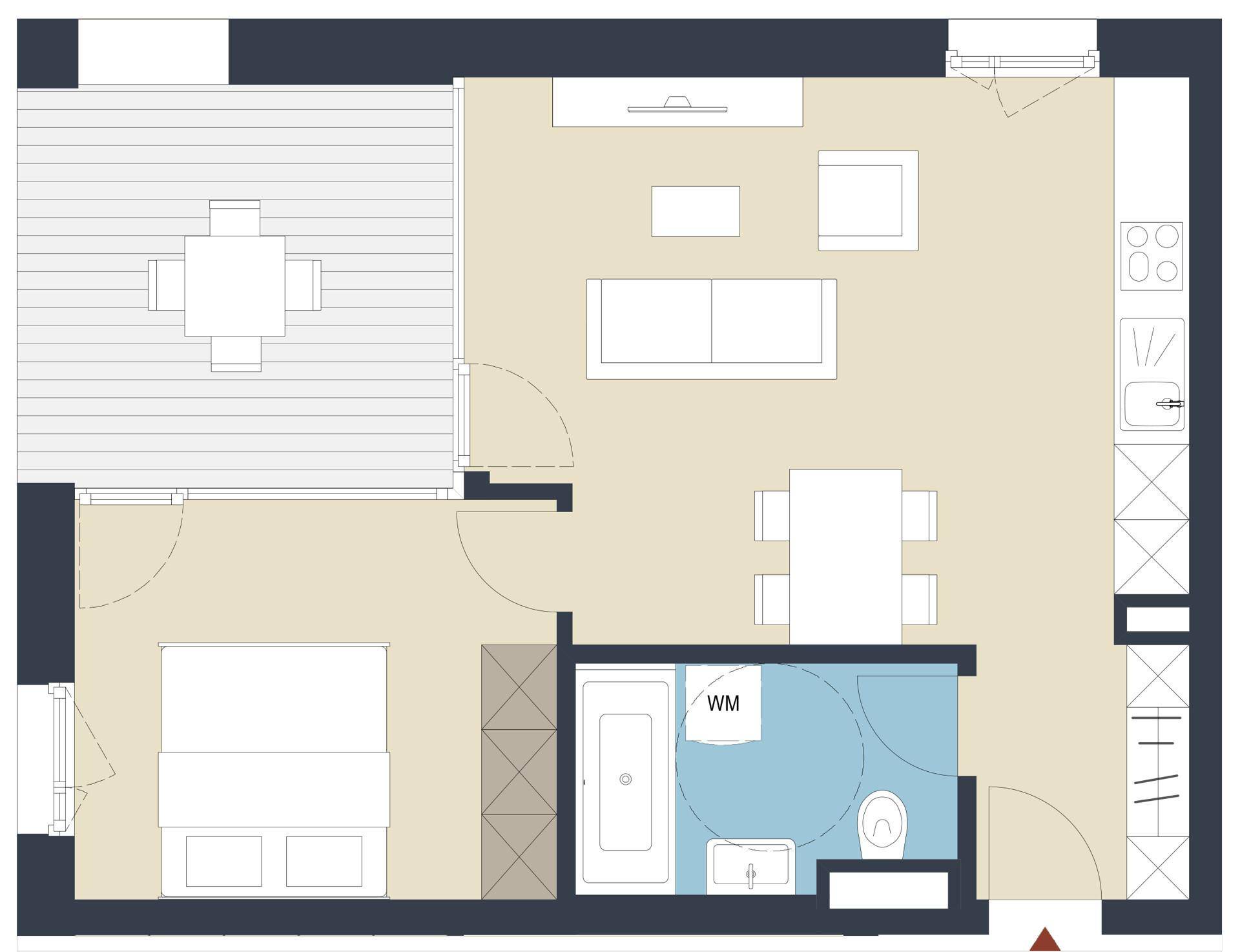 Detaillierter Grundriss einer Wohnung mit Schlafzimmer, Bad und offenem Wohnbereich.