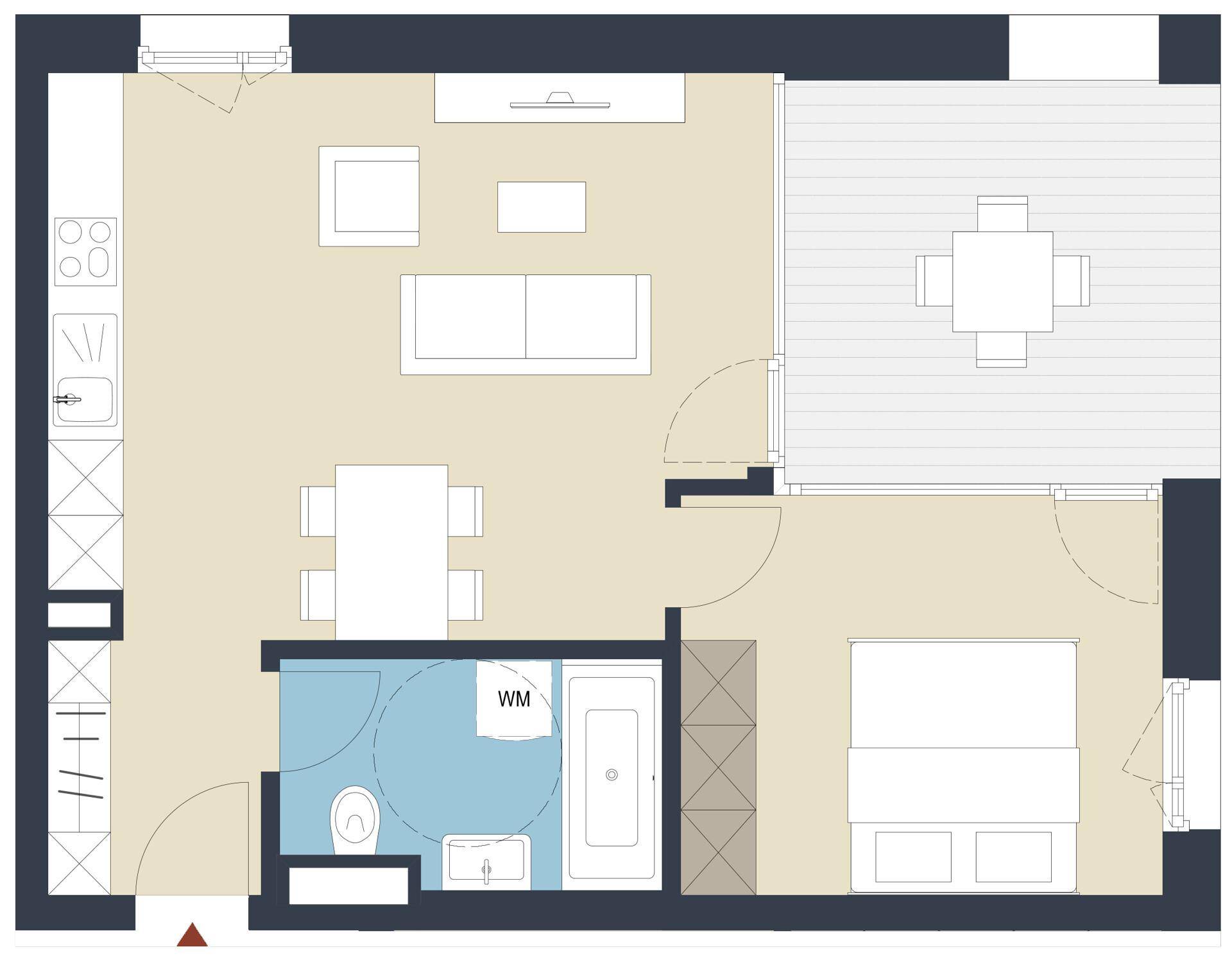Detaillierter Grundriss einer Wohnung mit offenem Wohnbereich, Schlafzimmer und Bad.