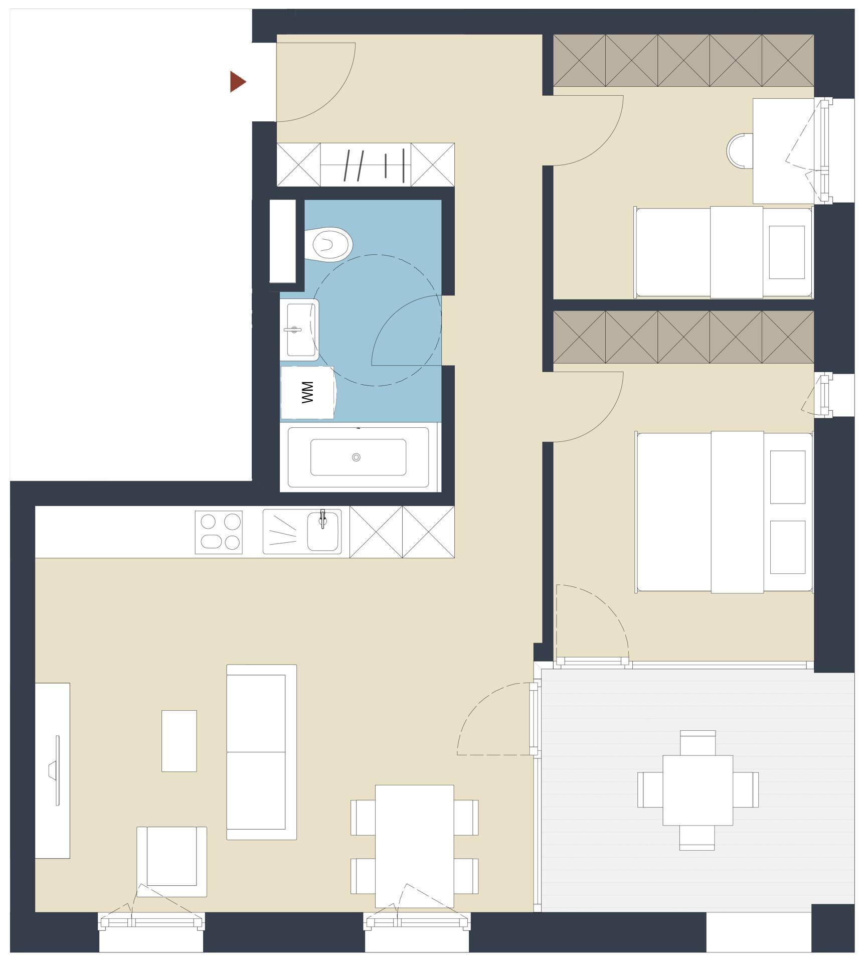 Grundriss einer Wohnung mit offenem Wohn-Essbereich, zwei Schlafzimmern und einem Badezimmer.