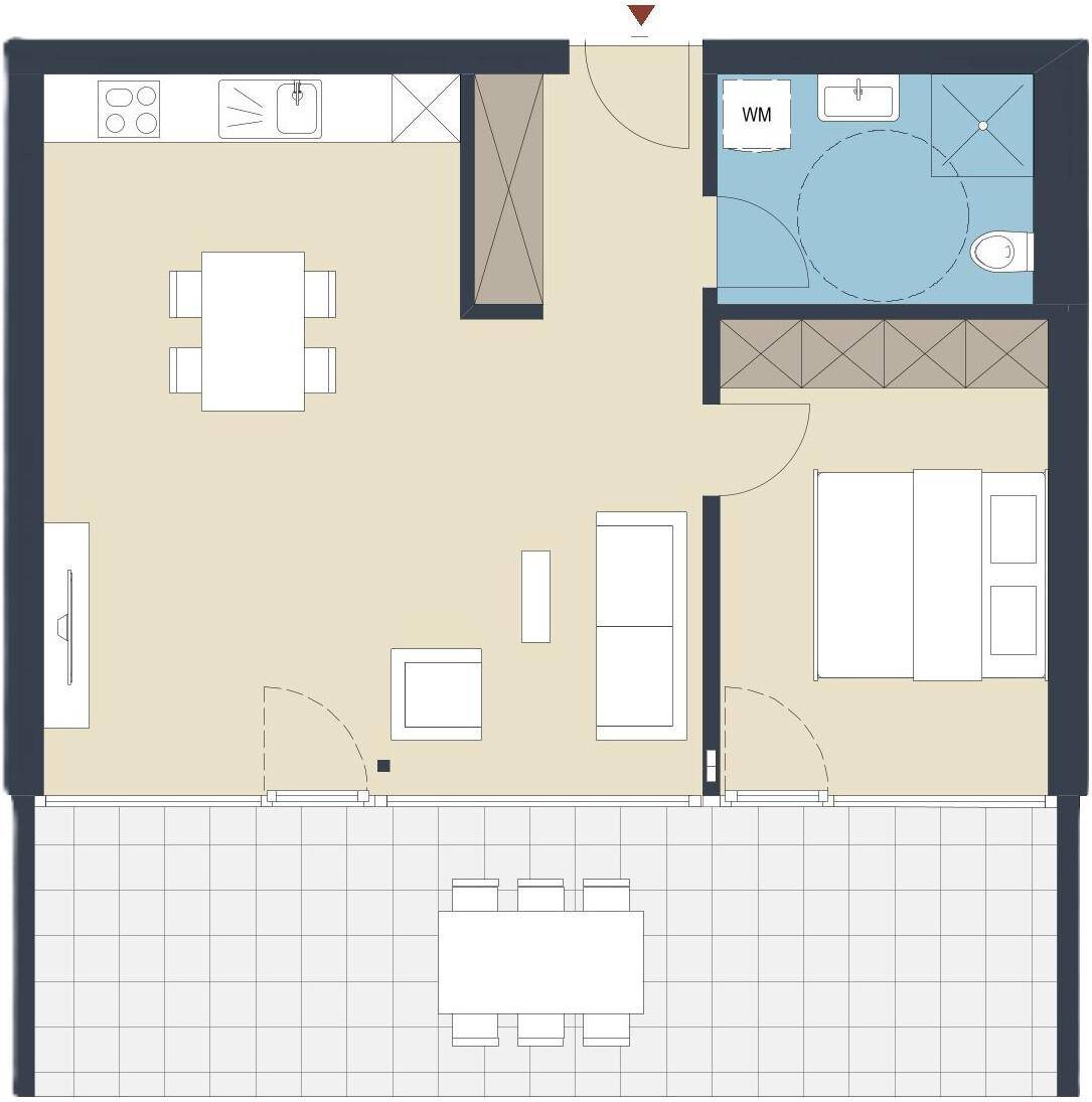 Grundriss einer Wohnung mit offenem Wohnbereich, Schlafzimmer, Bad und großer Terrasse.