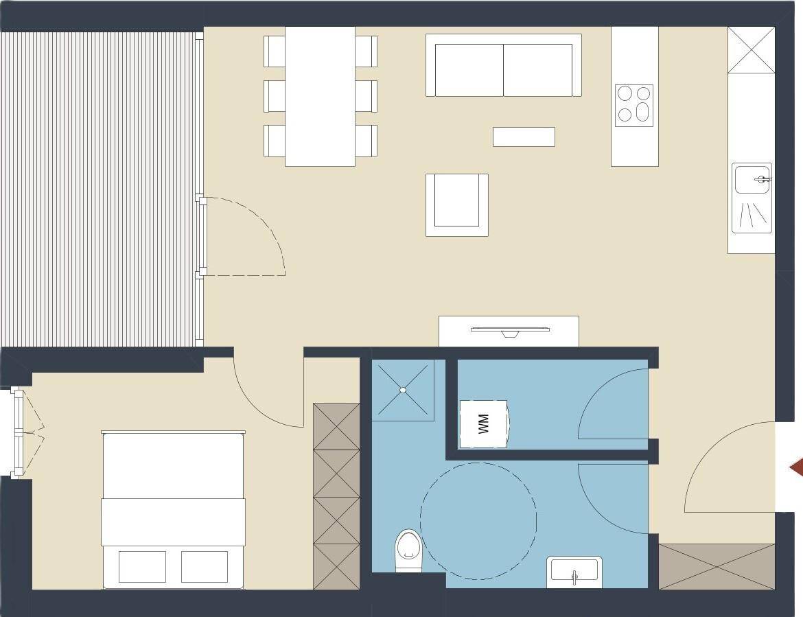Grundriss einer Wohnung mit offenem Wohnbereich, Schlafzimmer und Badezimmer.