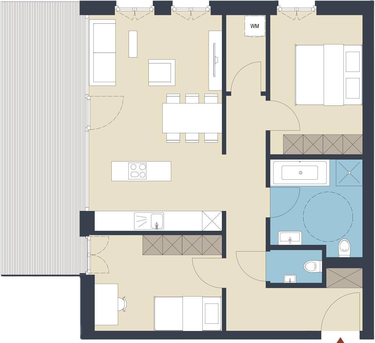 Grundriss einer Wohnung mit offenem Wohnbereich, zwei Schlafzimmern und zwei Bädern.