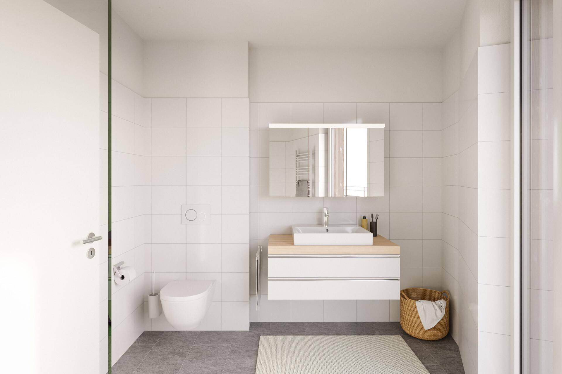 Modernes Badezimmer mit weißen Fliesen, schwebendem Waschtisch, wandhängendem WC und begehbarer Dusche.