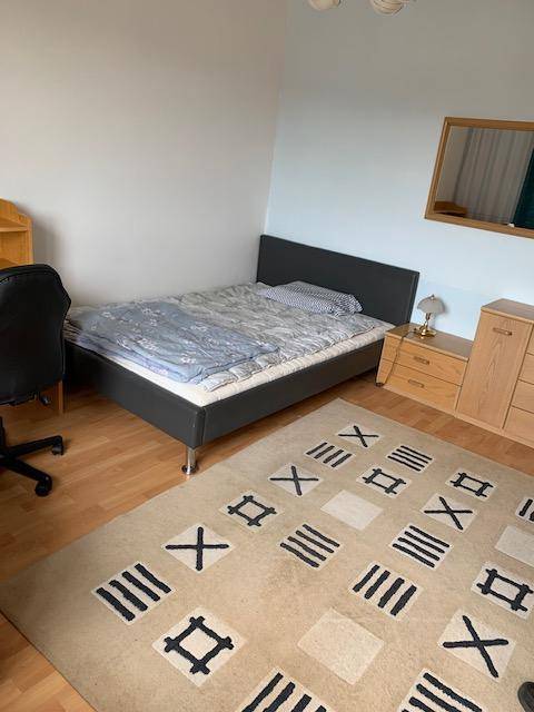 Schlafzimmer mit Doppelbett, Nachttisch und einem gemusterten Teppich auf Laminatboden.