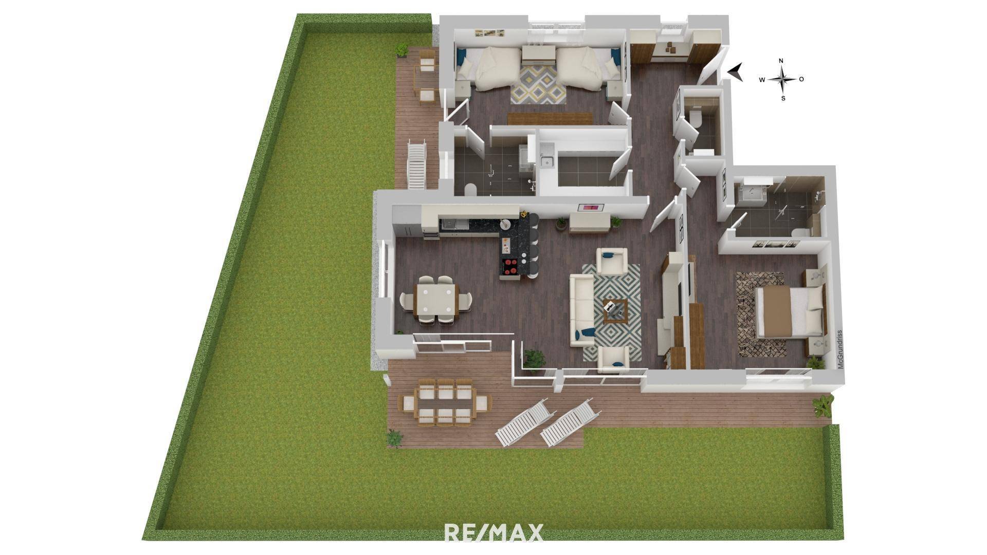 Detaillierter Grundriss einer Wohnung mit offenem Wohnbereich, Balkon, Terrasse und Garten.