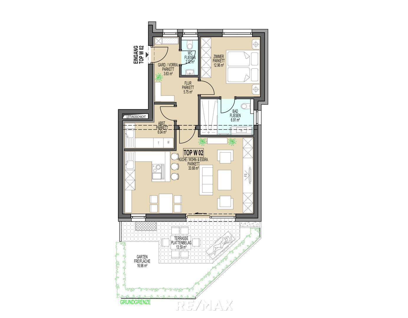 Grundriss der Wohnung TOP W 02 mit offenem Wohnbereich, zwei Schlafzimmern und großer Terrasse mit Garten.