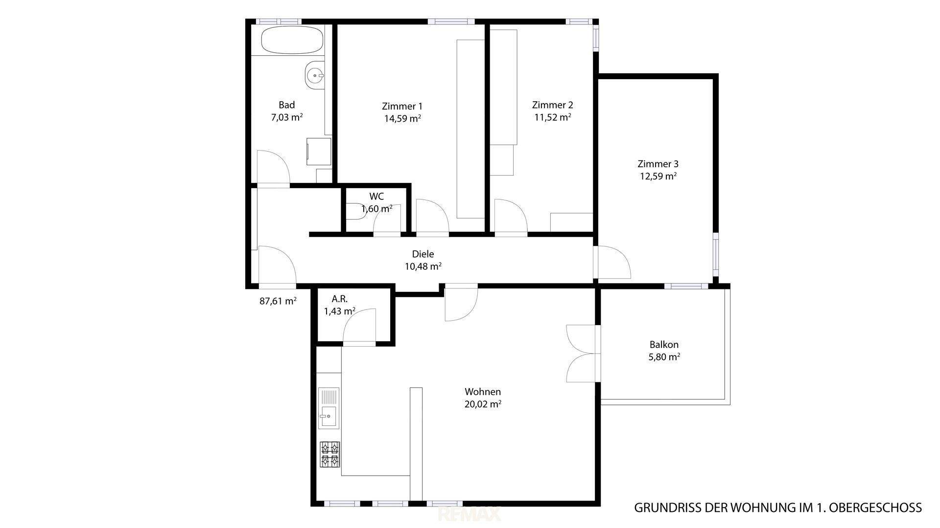 Grundriss der Wohnung im ersten Obergeschoss mit drei Zimmern, Bad, WC und Balkon.