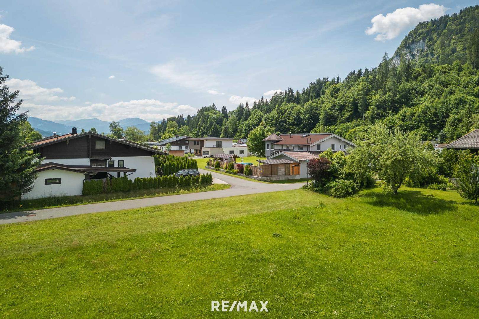 Wohngebiet am Rande eines Waldes mit grünen Wiesen und einem sonnigen Himmel.