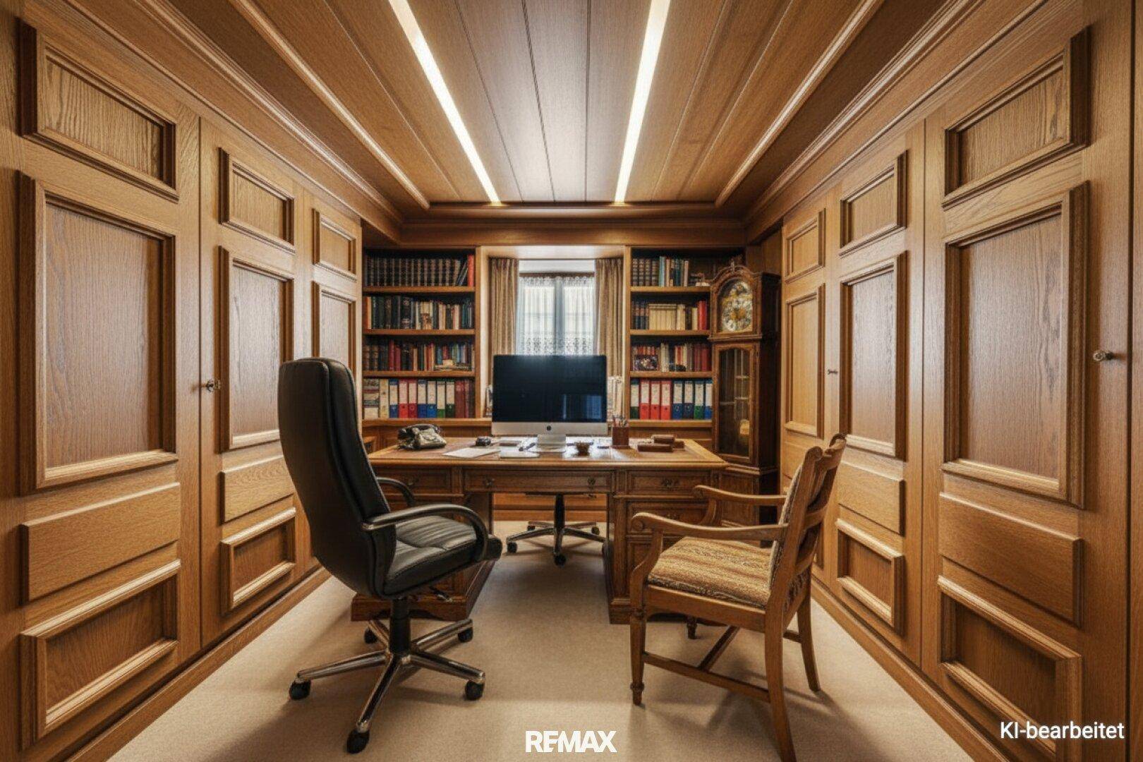 Exklusives Büro mit Holzvertäfelung, Einbauschränken, Bücherregalen und klassischem Schreibtisch.