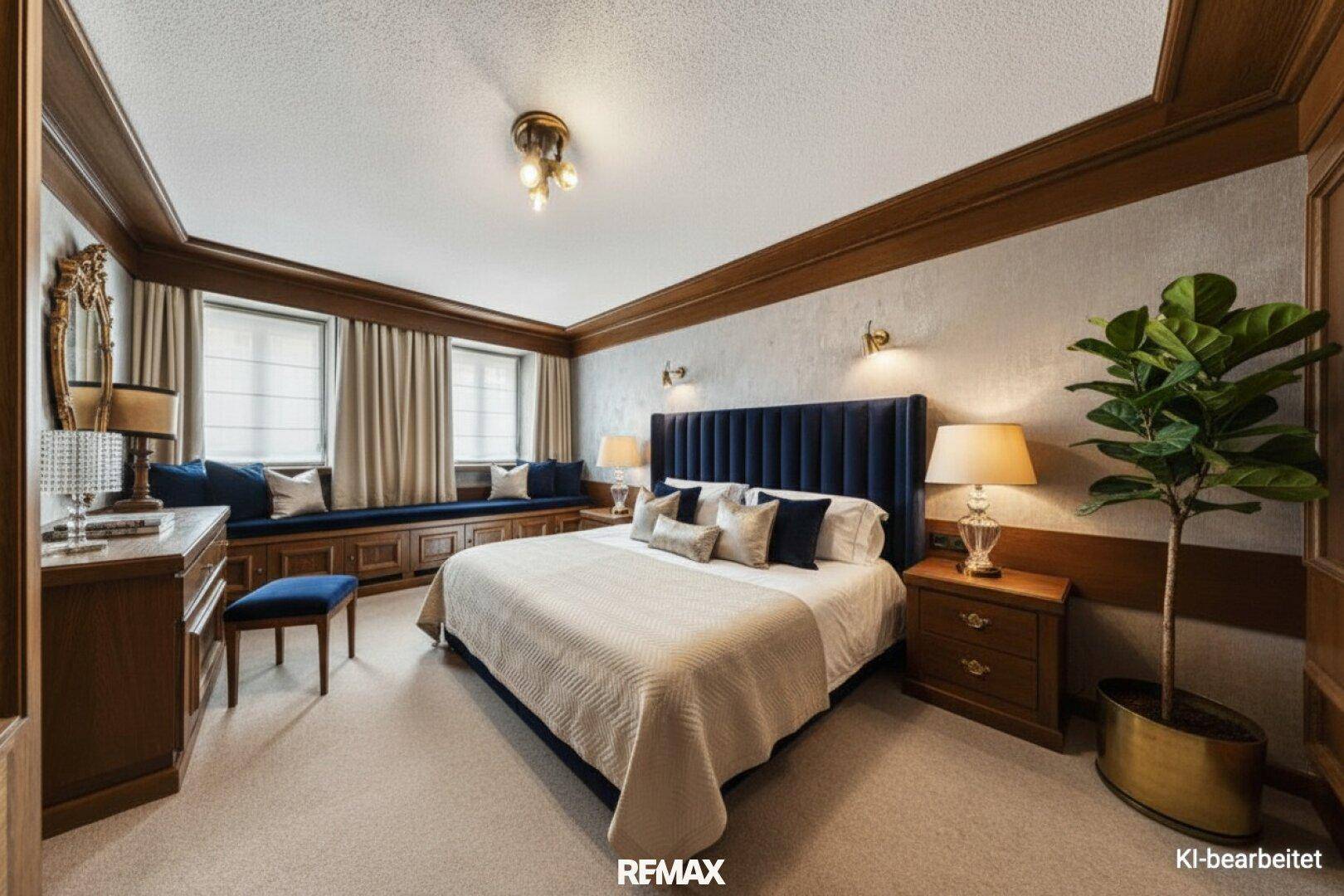 Elegantes Schlafzimmer mit großem Bett, blauer Kopfstütze, Teppichboden und Fensterbank als Sitzgelegenheit.