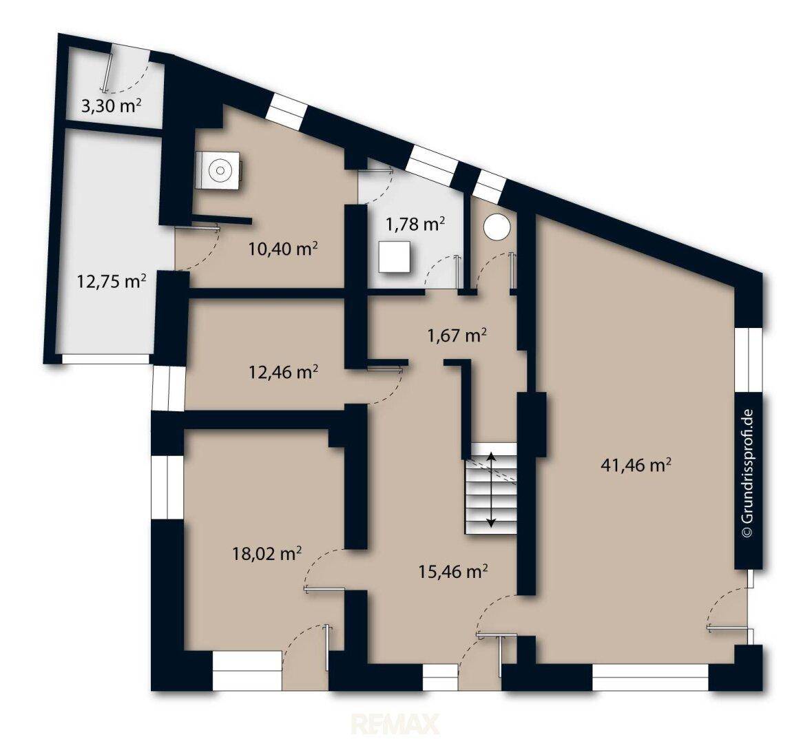Grundriss des Erdgeschosses mit verschiedenen Räumen und Flächenangaben in Quadratmetern.