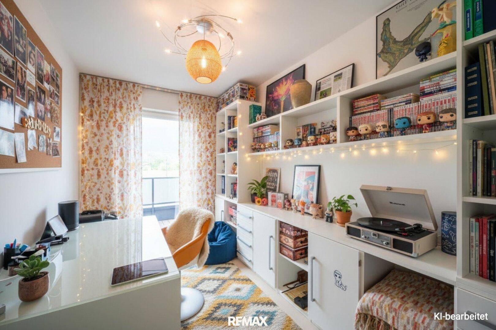 Helles Arbeitszimmer mit Schreibtisch, Bücherregalen und Zugang zum Balkon, modern und funktional.