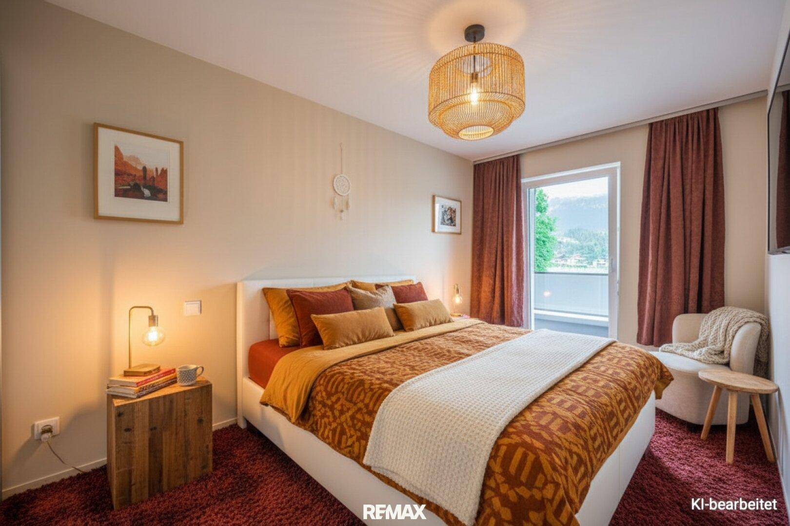 Gemütliches Schlafzimmer mit Doppelbett, Teppichboden und Fenster, warm und modern eingerichtet.
