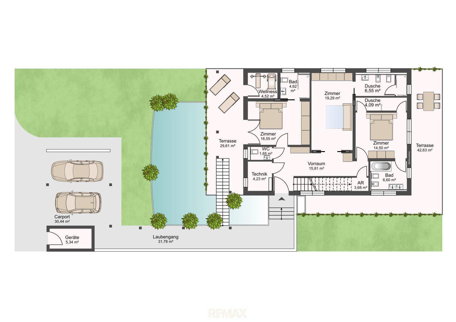 Grundriss des Erdgeschosses mit Schlafzimmern, Bädern, Terrassen, Wellnessbereich und Teich.