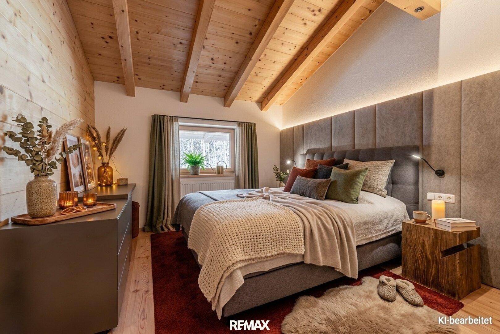 Elegantes Schlafzimmer mit gepolstertem Kopfteil, Holzbalkendecke und indirekter Beleuchtung.