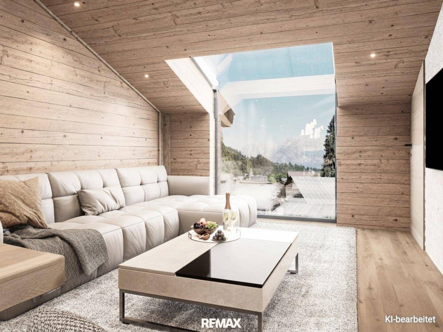 Helles Wohnzimmer mit Holzvertäfelung, großem Fenster und Bergblick.