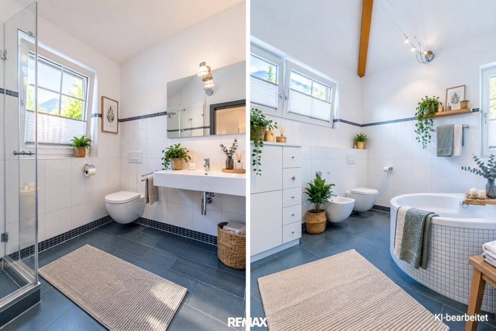 Modernes Badezimmer mit Dusche, Badewanne, Bidet und Fenster, hell gefliest in Weiß und Blau.