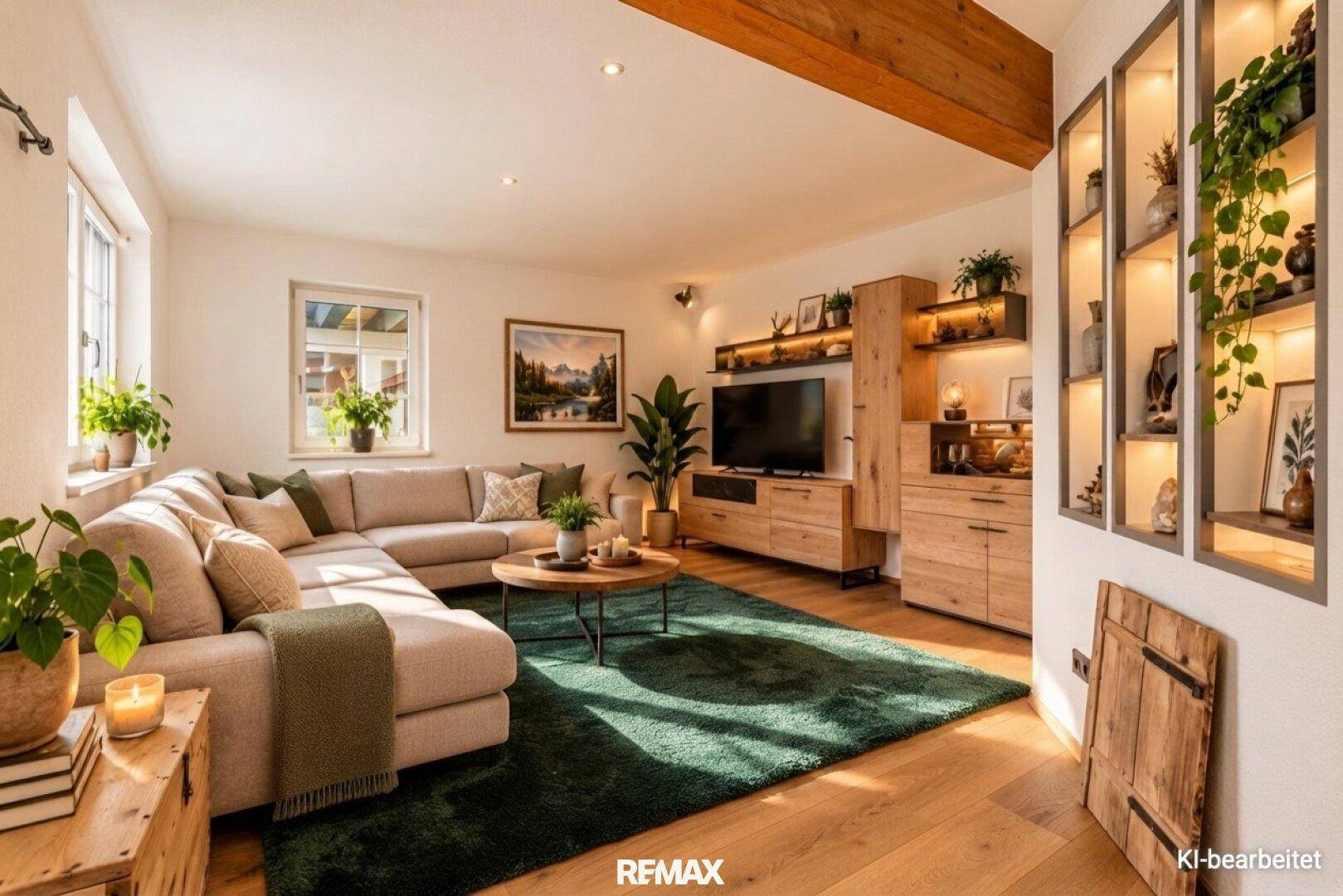 Gemütliches Wohnzimmer mit großem Ecksofa, Holzelementen und einem grünen Teppich, durchflutet von Tageslicht.