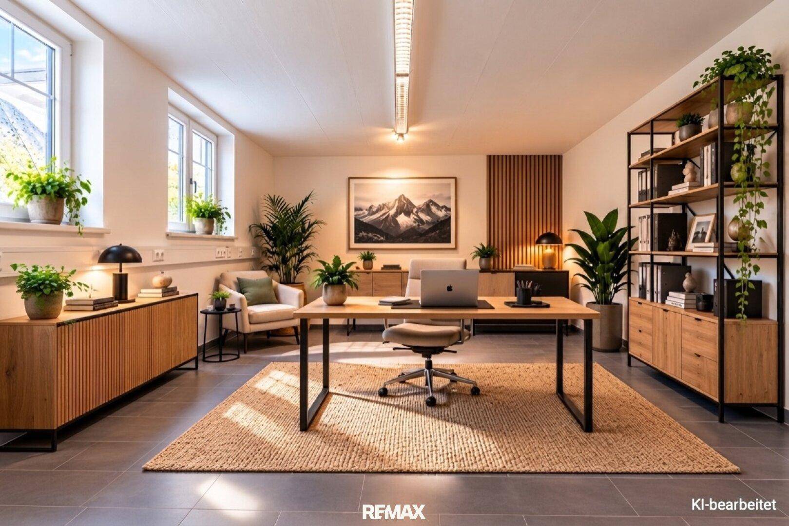Großzügiges und helles Büro mit modernen Holzmöbeln, vielen Pflanzen und großen Fenstern mit Ausblick.