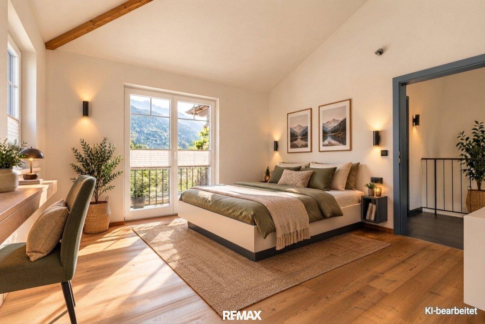 Geräumiges Schlafzimmer mit modernem Bett, Schreibtisch und französischem Balkon mit beeindruckendem Bergblick.