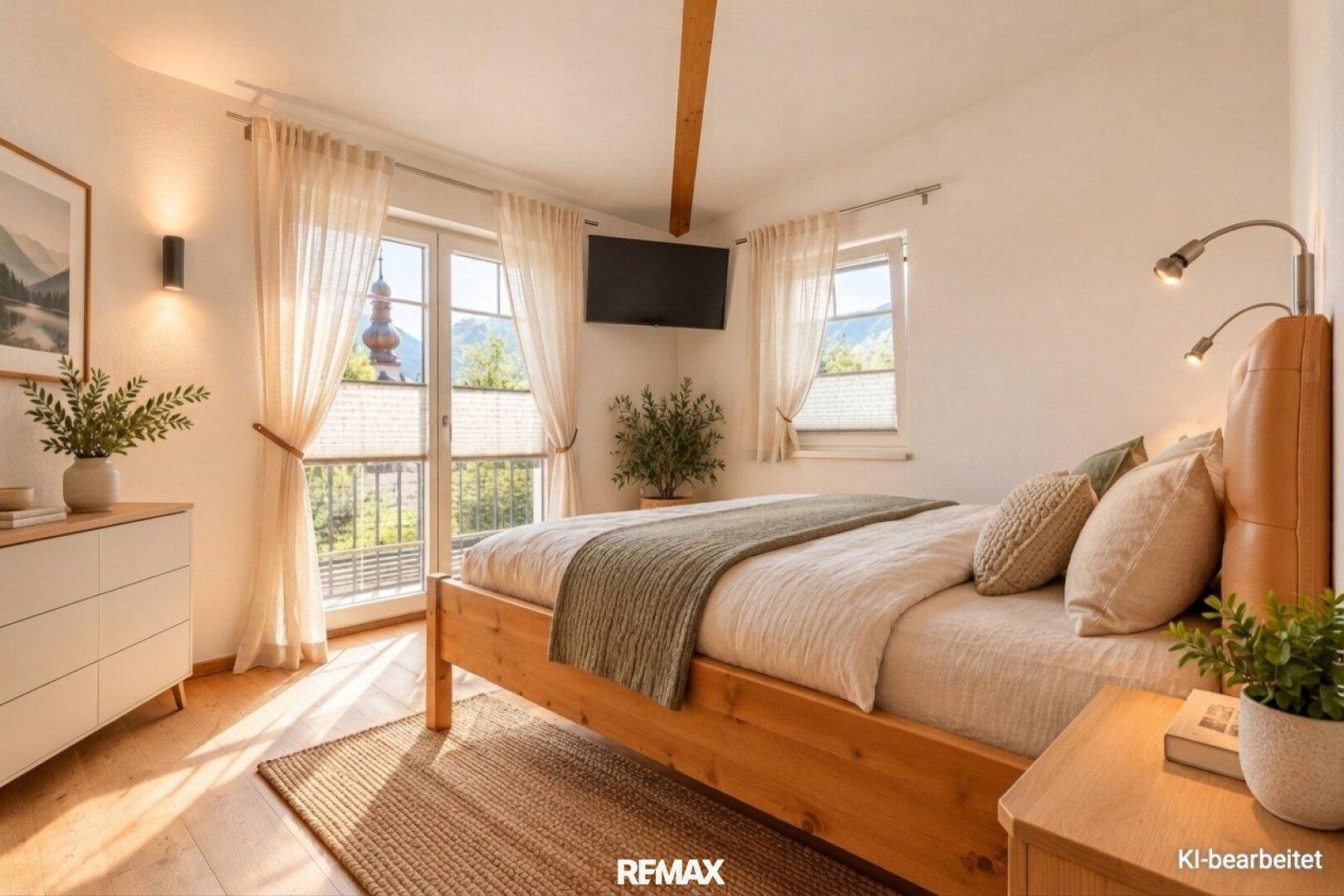 Helles Schlafzimmer mit Holzbett, französischem Balkon und Blick auf die umliegende Landschaft und einen Kirchturm.