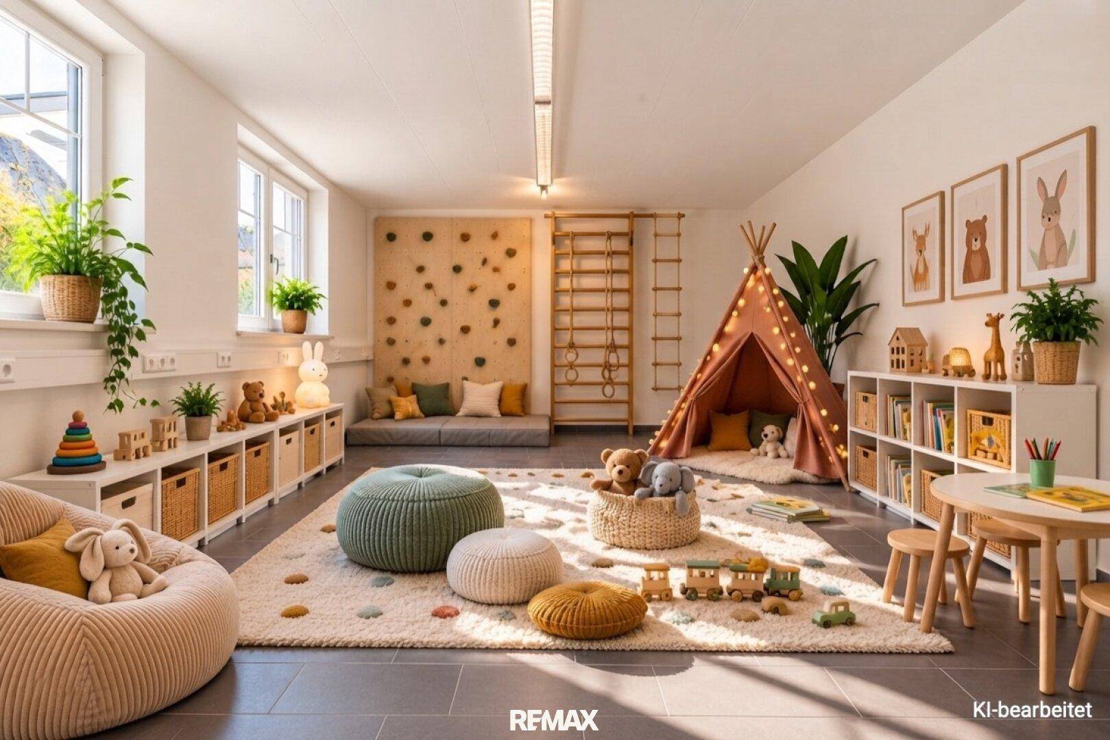 Farbenfrohes Kinderspielzimmer mit Kletterwand, Tipi-Zelt und vielen Spielsachen für kreative Stunden.