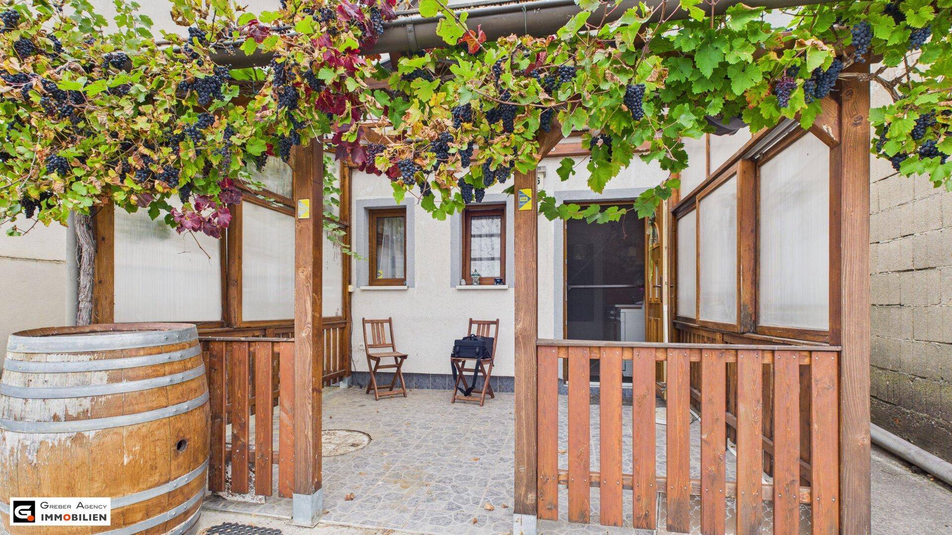Nahaufnahme der überdachten Terrasse mit üppigen Weintrauben und einem rustikalen Holzzaun.