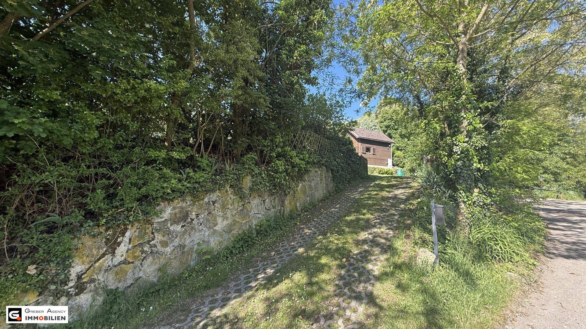 Gepflasterte Zufahrt zum Grundstück, gesäumt von einer Steinmauer und üppigem Grün.