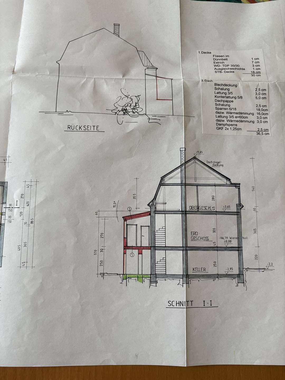 Schnittansicht des Hauses mit Keller, Erdgeschoss und Dachgeschoss.