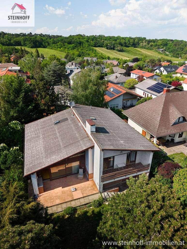 Vogelperspektive des Hauses mit umliegenden Gärten und Dächern in einer grünen Umgebung.