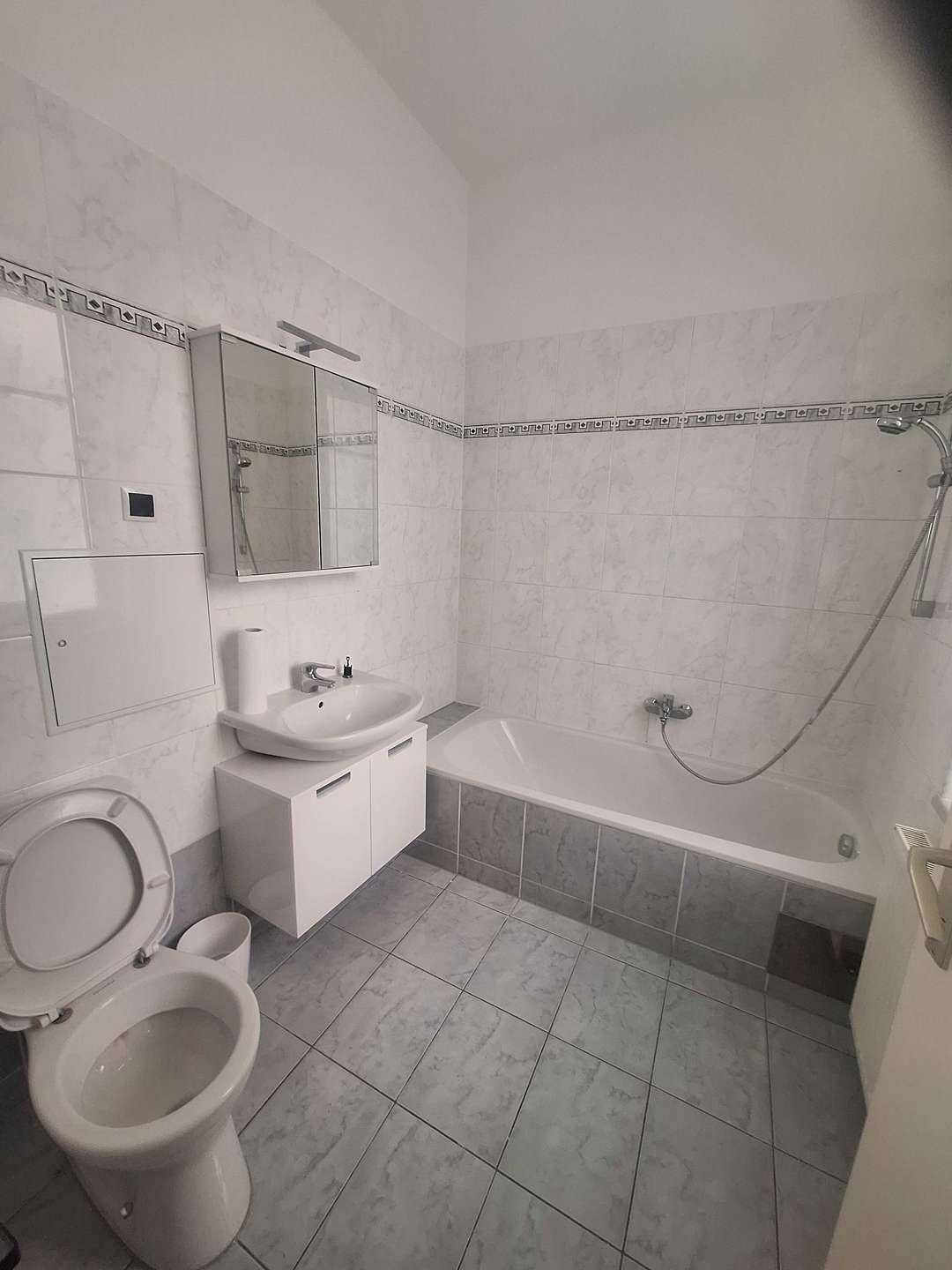 Badezimmer mit weißen und grauen Fliesen, ausgestattet mit Toilette, Waschbecken, Spiegelschrank und Badewanne mit Duschfunktion.