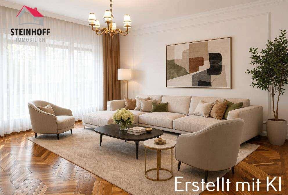 Elegantes Wohnzimmer mit großem Ecksofa, stilvollen Beistelltischen und Fischgrätparkettboden.